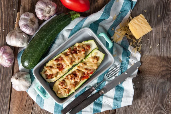 Fresh baked zucchini with meat and cheese. — Stock Photo, Image
