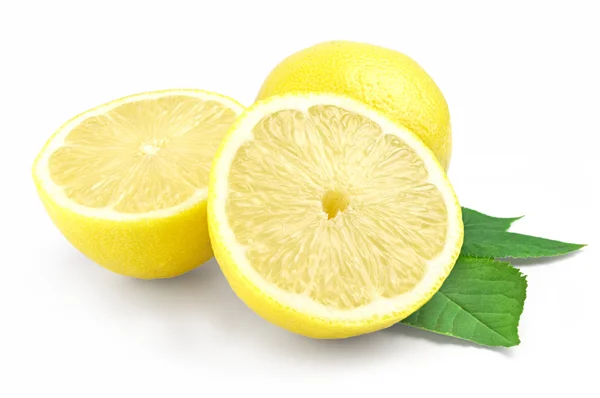 Yellow lemon and halves isolated on white background with green leaf — Stock Photo, Image