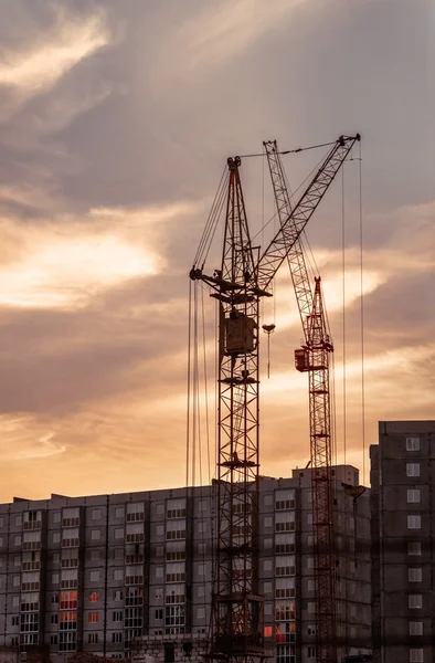 Grúa torre en una obra de construcción al amanecer —  Fotos de Stock