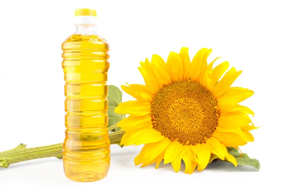 Bottle of sunflower oil with flower isolated on white background — Stock Photo, Image