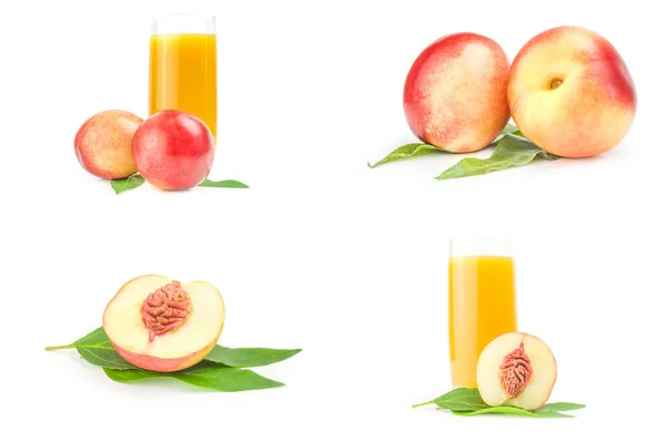 Collage van geïsoleerde perziken op een achtergrond — Stockfoto