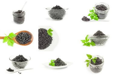 Siyah mersin balığı kolajı beyaz üzerine yakın plan havyar