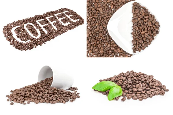 Raccolta di primo piano di chicchi di caffè isolati su fondo bianco — Foto Stock