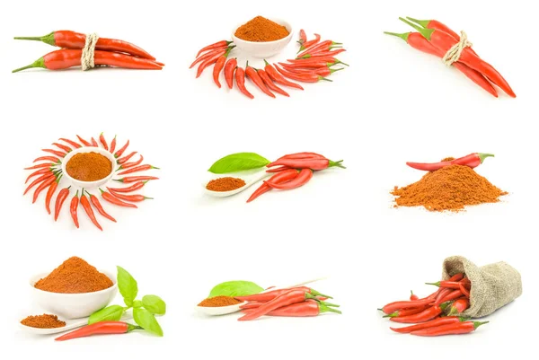 Collage de chile pimienta de cayena aislado en un corte blanco — Foto de Stock