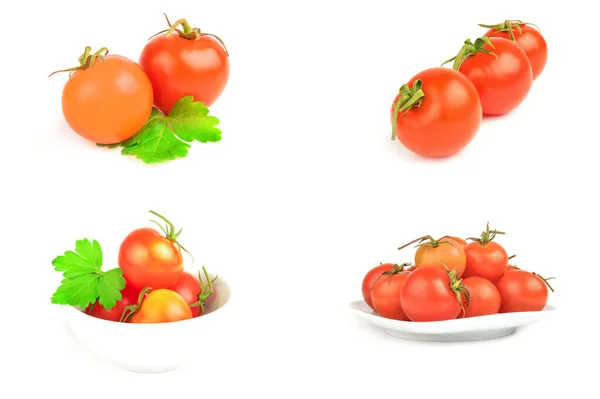 Collage de tomates cherry aislados sobre un recorte de fondo blanco — Foto de Stock