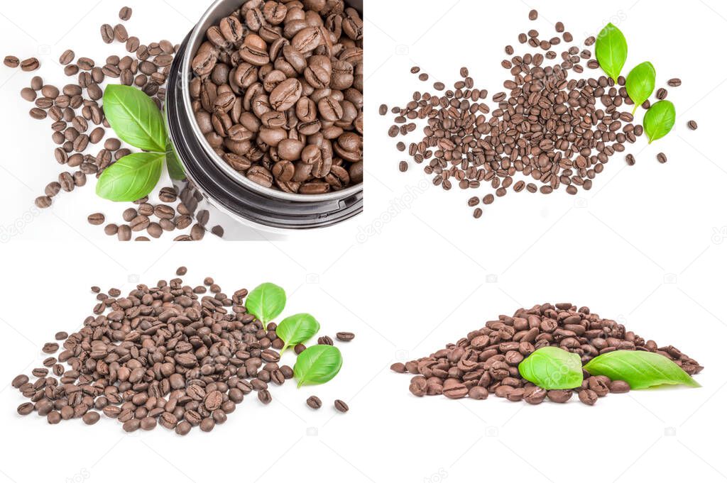 Collage of pile of roasted coffee beans close-up on white