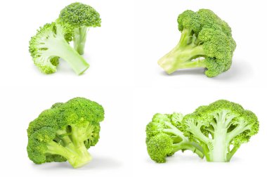 Beyaz bir zemin üzerinde izole edilmiş taze brokoli seti.