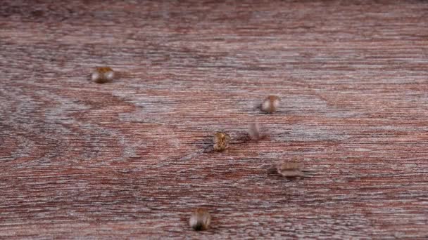 Giet veel gebrande koffiebonen op een houten tafel — Stockvideo