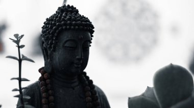 Odaklanamayan arka planı barışçıl olan kara Buda bahçe heykeli