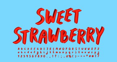 Modern parlak alfabe fırça yazı tipi. Büyük ve küçük harfler, sayılar. Kırmızı böğürtlen ve meyveler için orijinal etiket, mavi arka plan. Vektör illüstrasyonu