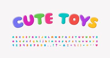 Çok renkli çizgi film alfabesi, kabarcık şekilli yazı tipi gökkuşağı parlak renkleri. Büyük ve küçük harfler, sayılar, noktalama işaretleri. Vektör illüstrasyonu