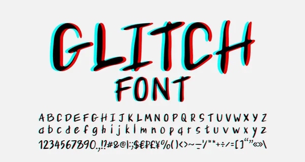 Digital Glitch Font. Alfabeto manuscrito letras e números com efeito de cor estéreo azul e vermelho. Fonte abstrata para arte, música, design de cinema — Vetor de Stock