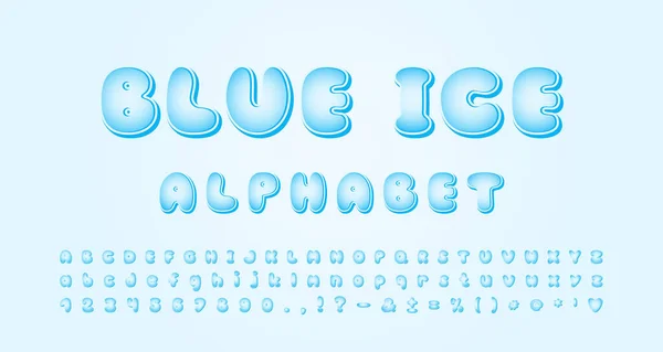 Blue ice vector alphabet. Cartoon bubble font with blue sky gradient colors. Cute frozen letters and numbers for cards, posters, banners of winter theme. Vector illustration — Stock Vector