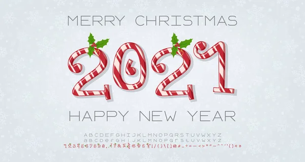 Wesołych Świąt 2021 Szczęśliwego Nowego Roku. Czcionki oryginalne na plakat, baner, strona internetowa. Zestaw kreskówek kręcone numery Candy trzciny stylu z jemioły dekoracji i alfabetu geometrycznego — Wektor stockowy
