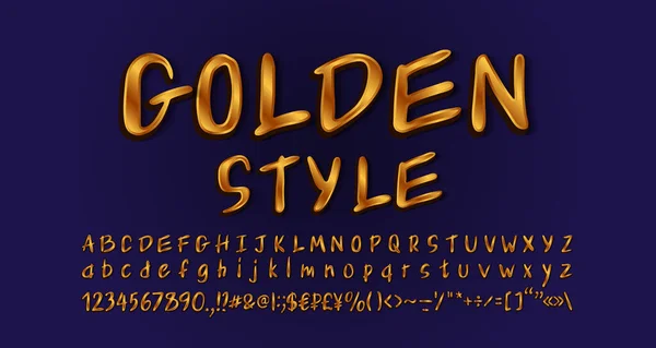 Altın el yazısı yazı tipi. Zarif alfabe harfleri, sayılar ve semboller, el yazısı tarzı. Arkaplan mavi lacivert. Vektör illüstrasyonu — Stok Vektör