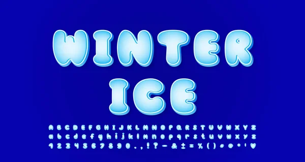 Winterkaltes Eis. Cartoon-Blase Schrift mit blauem Himmel Farbverlauf. Niedliche gefrorene Buchstaben und Zahlen für Karten, Poster, Banner des Winterthemas. Vektorillustration — Stockvektor