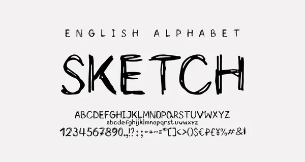 Desenho de fonte desenhado à mão estilo doodle. Conjunto vetorial de letras maiúsculas e minúsculas em inglês, números, marcas, símbolos — Vetor de Stock
