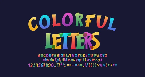 Çizgi film renkli yazı tipi, saydam alfabe harfleri ve koyu arkaplanda numaralar. Komik vektör çok renkli yazı tipi — Stok Vektör