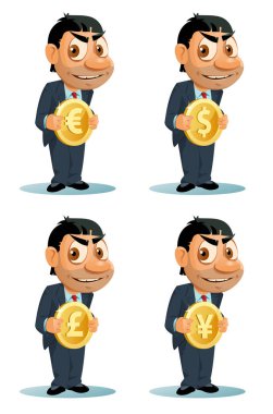 Takım elbiseli komik adam para tutuyor. Dolar, avro, yen, sterlin. Çizgi film stili vektör çizimi. Elementler gruplandırıldı. Beyazda izole edilmiş. Şeffaf nesne yok.