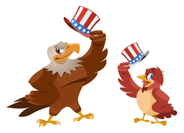 Cartoon Sparrow American Eagle Raise Patriotic Hats Vector Illustration Elements — Stock Vector