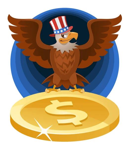 American Bald Eagle Patriotic Hat Spread Wings Symbols Dollar Cartoon — Stock Vector