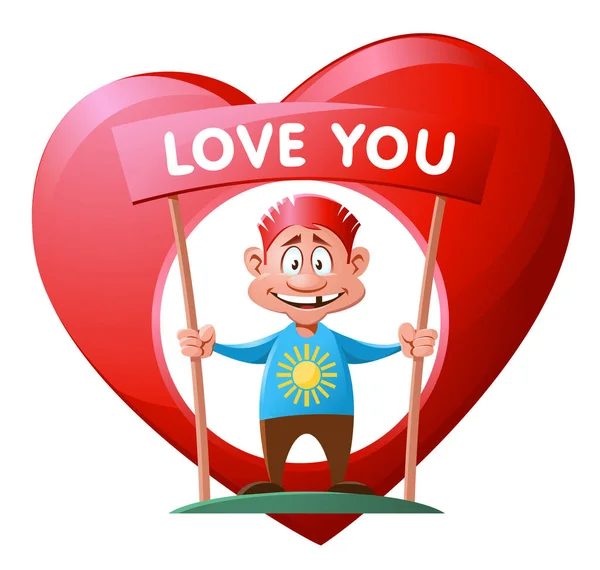 Cheerful Man Big Heart Who Loves You Cartoon Styled Vector — Stock Vector