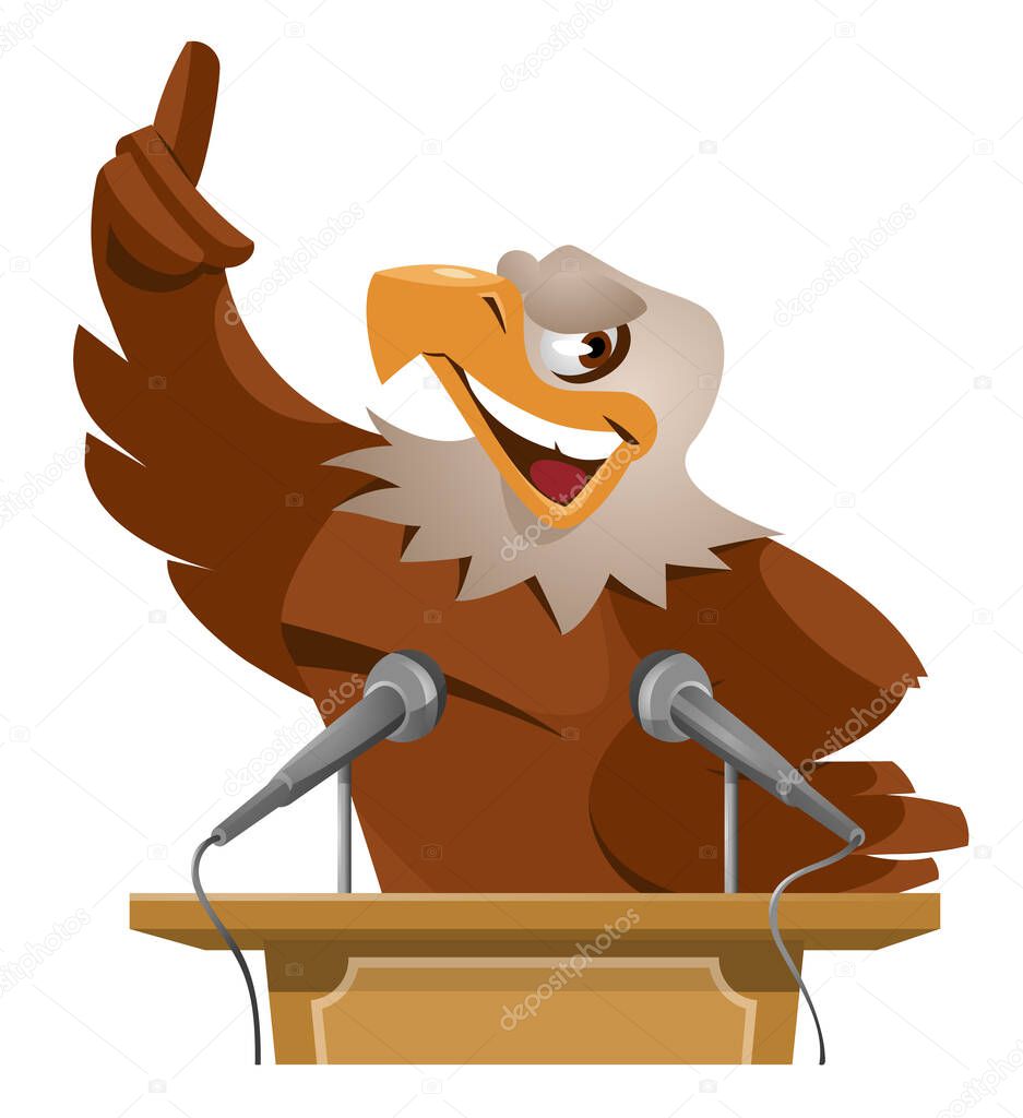 Eagle speaks from tribune. Cartoon styled vector illustration. Elements is grouped and divided into layers. Isolated on white.