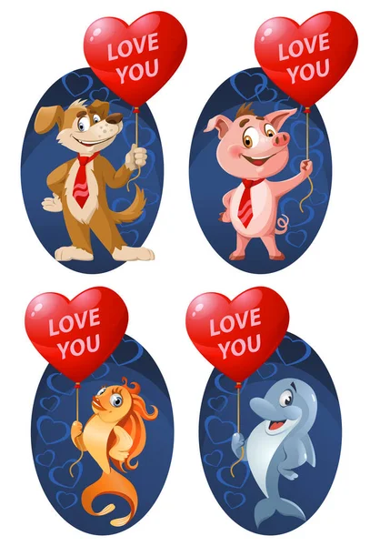 Hou Van Grappige Cartoon Dieren Houdt Hartvorm Ballonnen Voor Valentijnsdag — Stockvector
