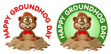 Hapy Groundhog day. Funny cartoon marmot congratulates you. Cartoon styled vector illustration. Elements is grouped. No transparent objects. clipart