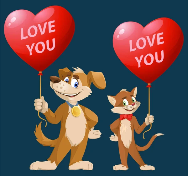 Hou Van Grappige Cartoon Hond Kat Met Hartvorm Ballonnen Voor — Stockvector