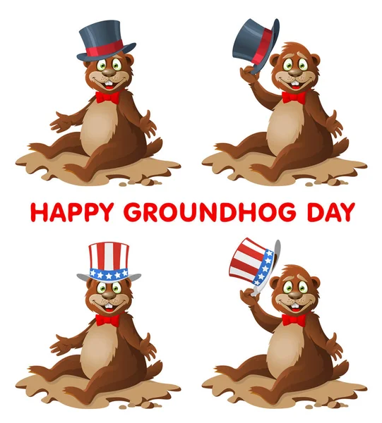 Hapy Groundhog Day Divertente Marmotta Dei Cartoni Animati Che Saluta — Vettoriale Stock