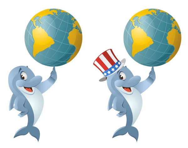 Dolphin Patriotic Hat Holding Globe Cartoon Styled Vector Illustration Elements — Stock Vector