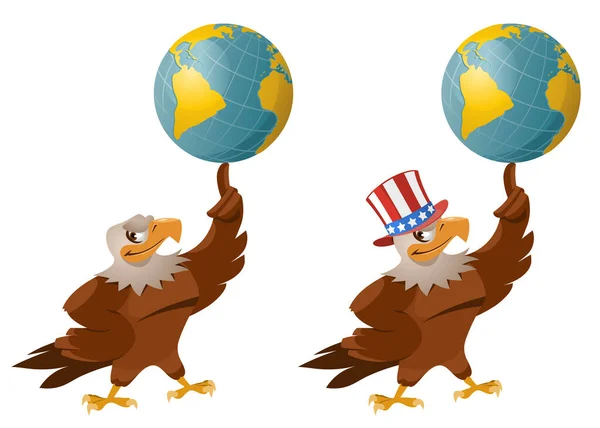 American Eagle Patriotic Hat Holding Globe Cartoon Styled Vector Illustration — Stock Vector