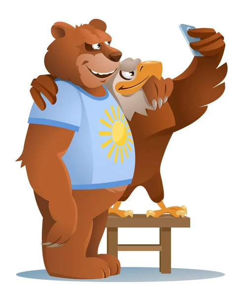 American Eagle Smiling Brown Bear Making Selfie Ordinary Life Animals — Stock Vector