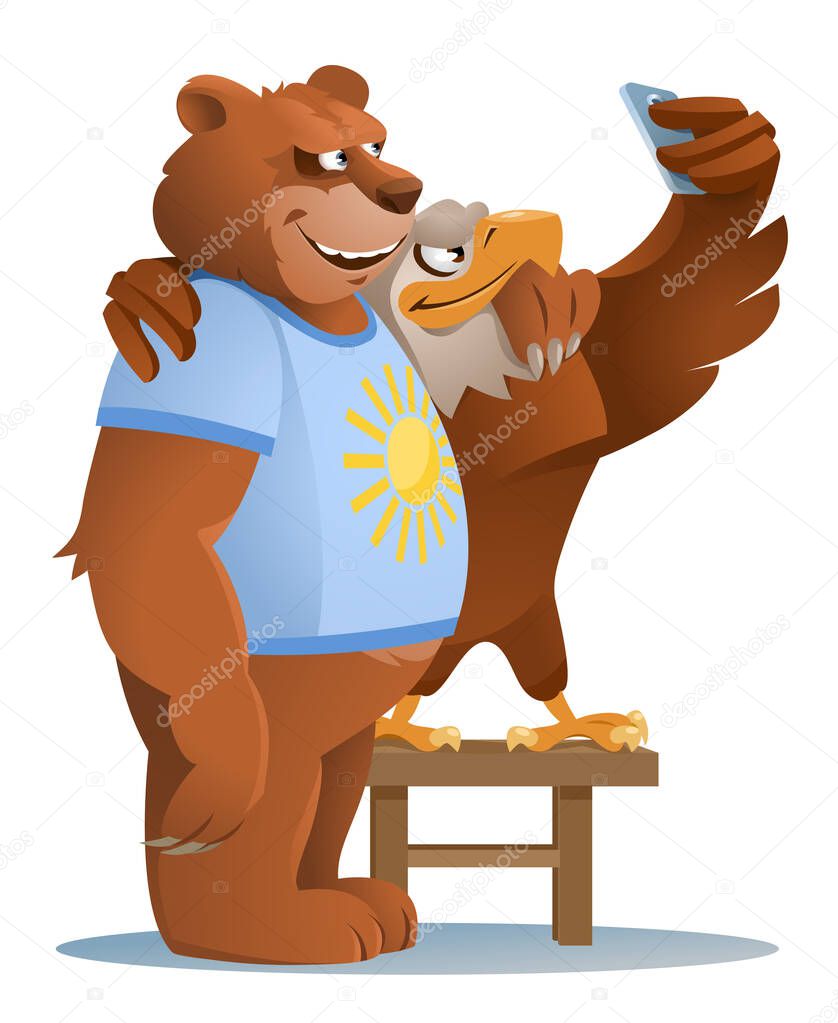 American eagle and smiling Brown bear making selfie. Ordinary life of animals. Cartoon styled vector illustration. Elements is grouped. 