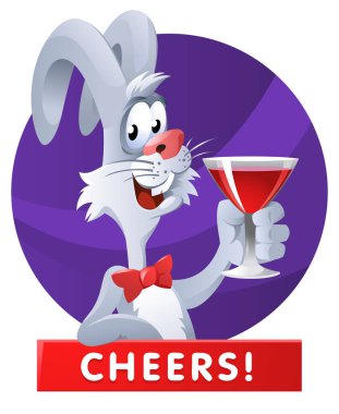 Kırmızı şarap kadehini kaldırıp kadeh kaldıran komik tavşan. - Şerefe. Selamlar. Kutlamalar var. Çizgi film stili vektör çizimi. Elementler gruplandırılır ve katmanlara ayrılır. 