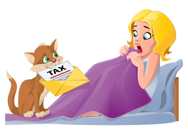 早朝だ かわいい猫は税の手紙をベッドに持ってくる ショックを受けました 漫画風ベクトルイラスト 要素はグループ化されます 透明な物ではない — ストックベクタ