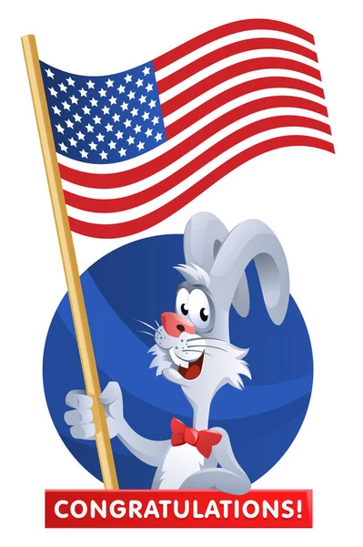 4Th July Celebration Independence Day Rabbit Holding American Flag Congratulates — Stock Vector