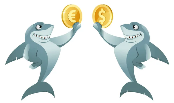 One Shark Holding Dollar Symbol Another Shark Holding Euro Symbol — Stock Vector