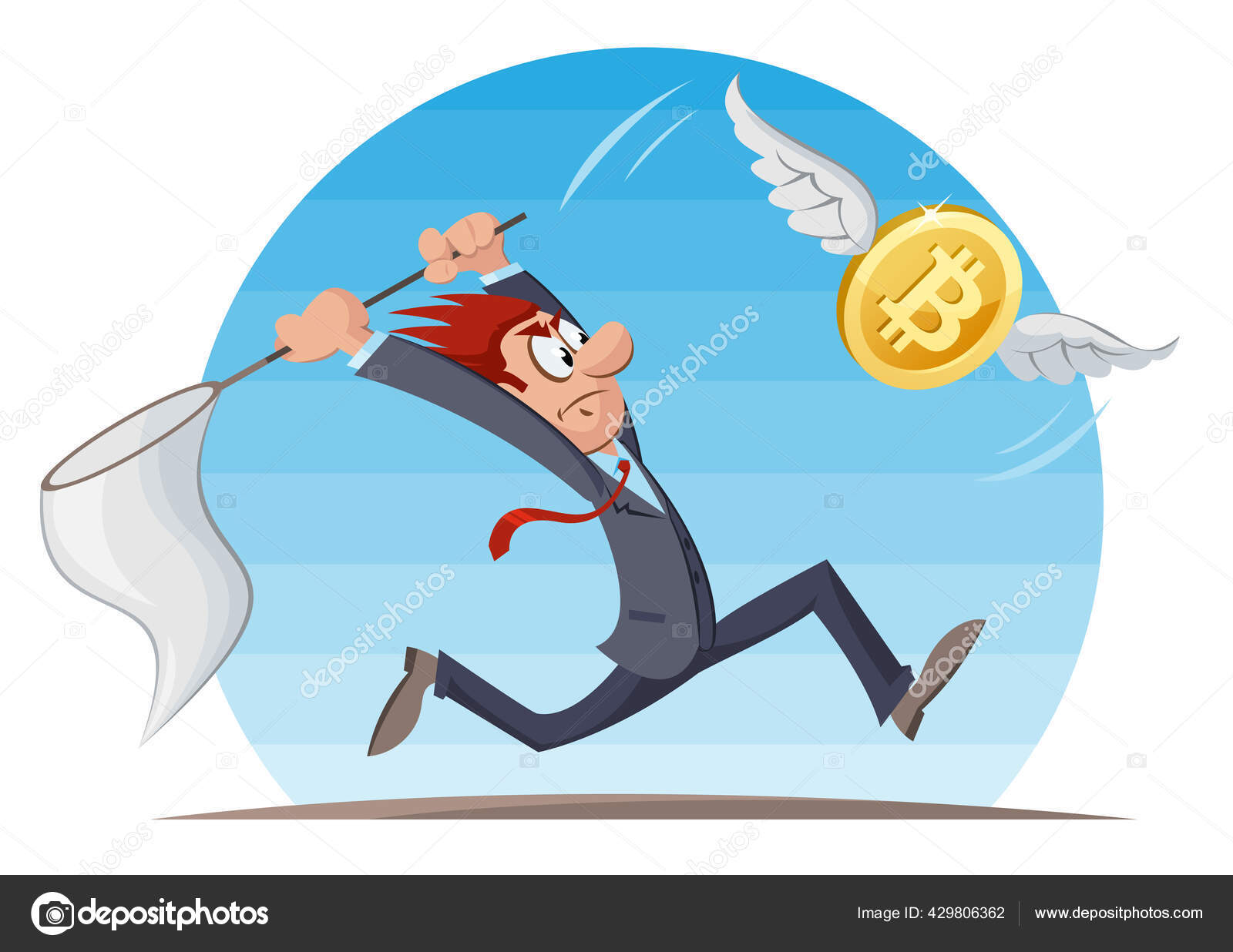 디지털 재밌는 사람이 그물로 비트코인을 잡으려 하네요 카툰은 일러스트를 스타일링 스톡 벡터 - ©Yaroslav_sib 429806362