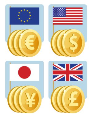 Para birimi sembolleri: Avro, dolar, yen, sterlin. Avrupa Birliği, ABD, Japonya ve İngiltere bayrakları. Vektör çizimi. Elementler gruplandırıldı. Şeffaf nesne yok.