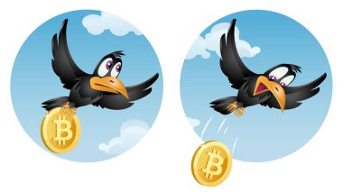 Uçan karga bitcoin atıyor. Çizgi film stili vektör çizimi. Elementler gruplandırılır ve katmanlara ayrılır. Şeffaf nesne yok.