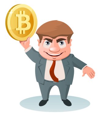 Takım elbiseli komik adam para kaldırıyor. Çizgi film stili vektör çizimi. Elementler gruplandırıldı. Beyazda izole edilmiş. Şeffaf nesne yok.