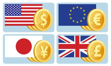 Para birimi sembolleri: dolar, avro, yen, sterlin. ABD, Avrupa Birliği, Japonya ve Büyük Britanya bayrakları. Vektör çizimi. Elementler gruplandırıldı. Şeffaf nesne yok.