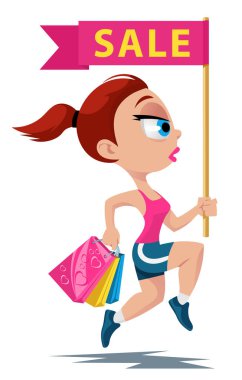 Satıştan kalma poşetlerle koşan sporcu kız. Çizgi film stili vektör çizimi. Elementler gruplandırıldı. Beyazda izole edilmiş. Şeffaf nesne yok.