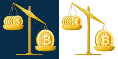Dijital para birimi. Bitcoin, geleneksel para birimleri dolar ve avroya kıyasla gittikçe daha ağır geliyor. Vektör çizimi. Elementler gruplandırıldı. Koyu arkaplanda ve beyaz üzerinde izole.