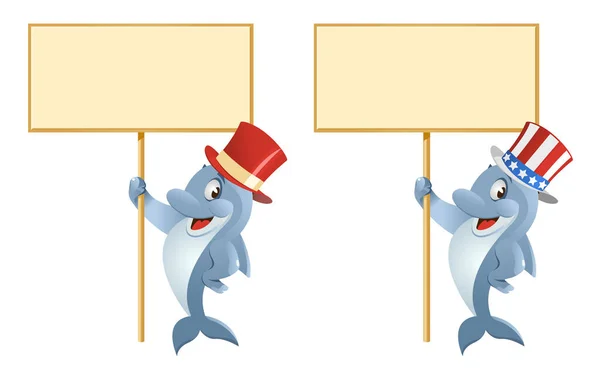 Дельфин Красной Цилиндре Патриотической Шляпе Чистым Баннером Карикатурная Векторная Иллюстрация — стоковый вектор