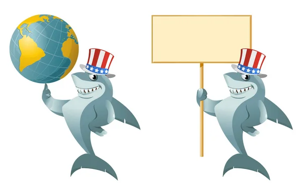 Funny Shark Patriotic Hat Holding Globe Blank Banner Cartoon Styled — Stock Vector