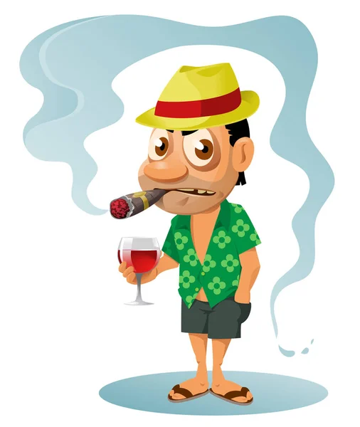Αστείος Παραθεριστής Κακές Συνήθειες Πίνει Και Καπνίζει Πούρο Στην Παραλία — Διανυσματικό Αρχείο