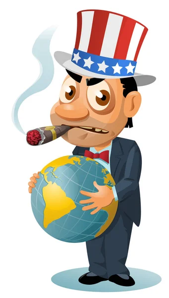 Funny Man Patriotic Hat Smokes Cigar Holds Globe Cartoon Styled — Stock Vector